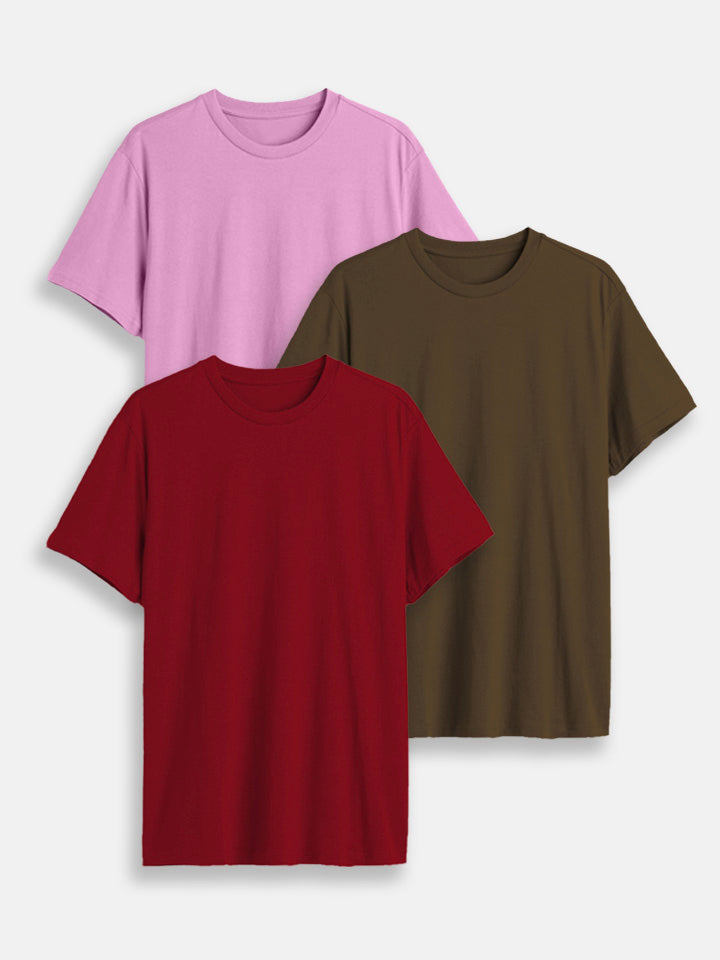 Buy Pack Of 3 Slim Fit Cotton T-shirts - Maroon Lilac and Olive Green Tshirt