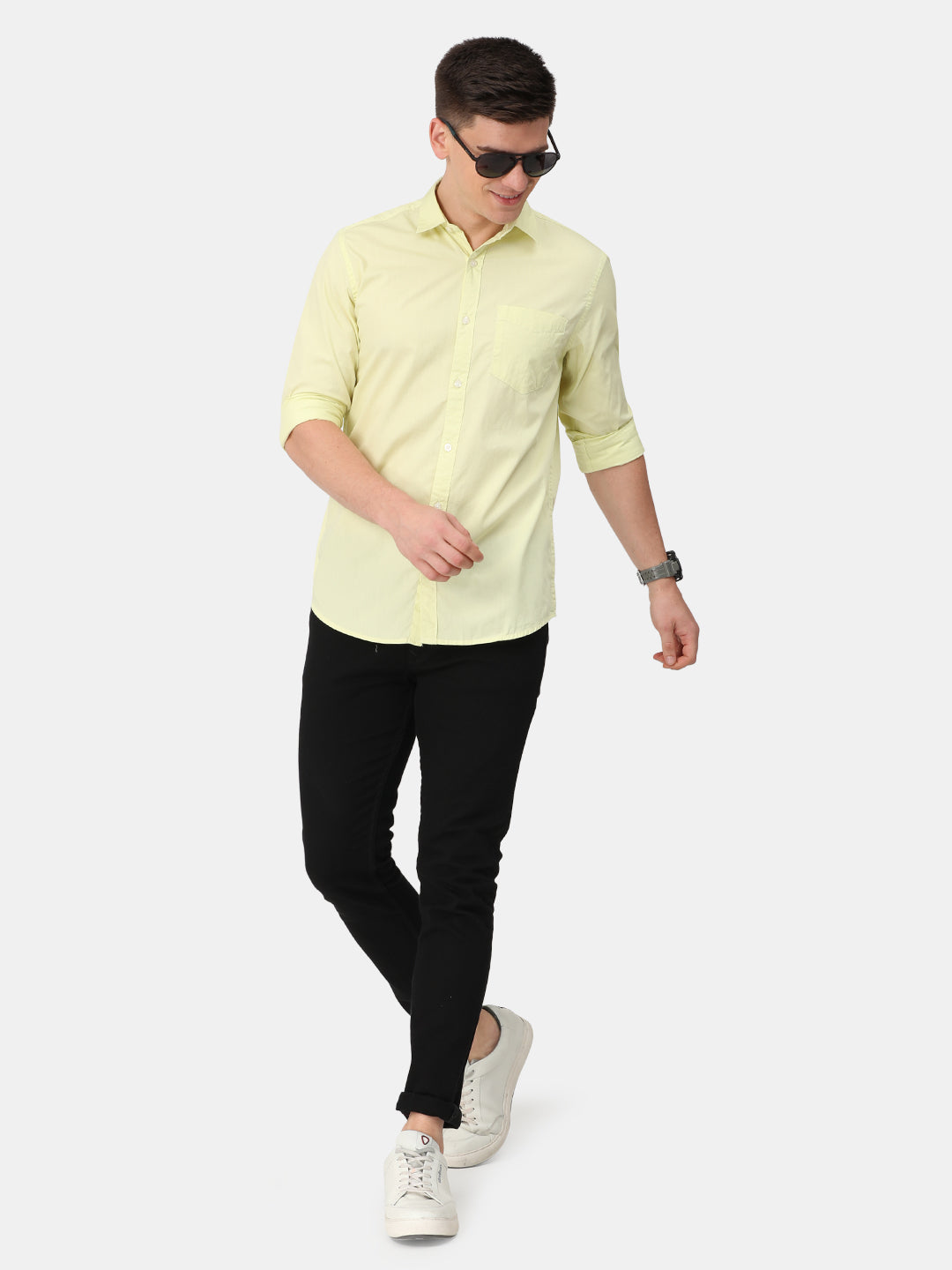Light Lemon Yellow Solid Sleeve Formal Slim Fit Shirt For Men